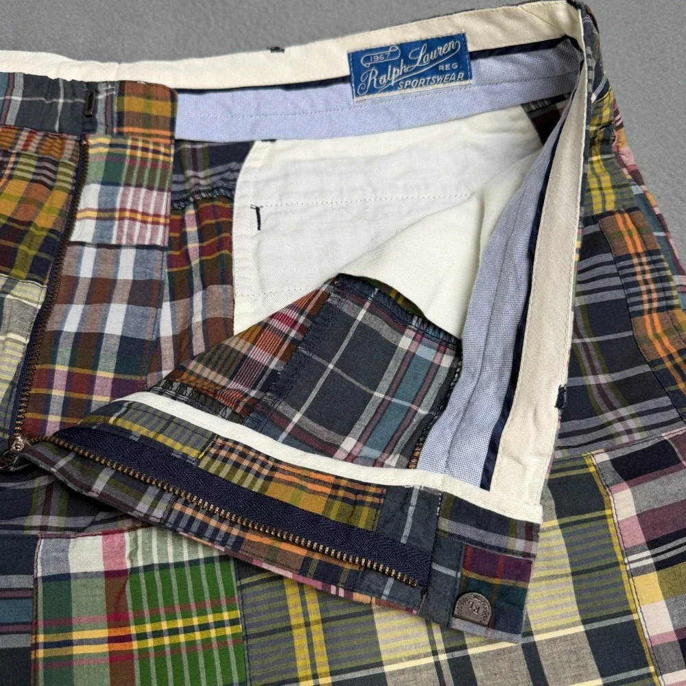 Polo Ralph Lauren Mens Patchwork Madras Plaid Cotton Shorts Multi Color Size 40